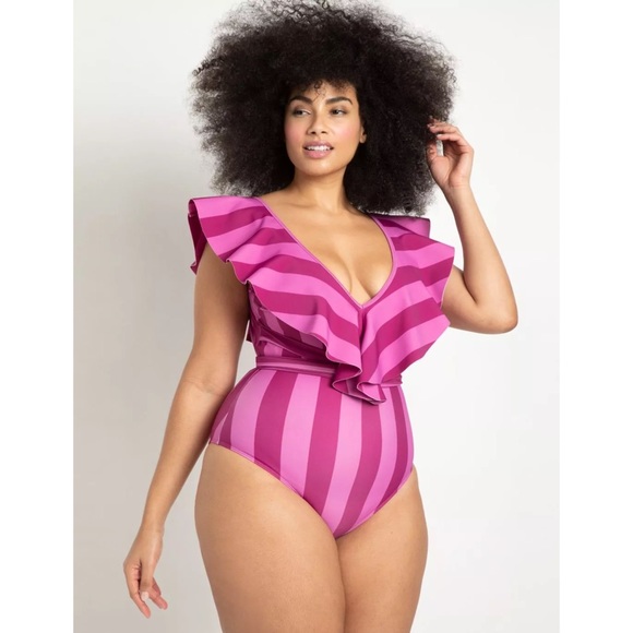 Eloquii Other - New Eloquii ruffle shoulder one piece belted swimsuit in Swimmer stripe Size 26